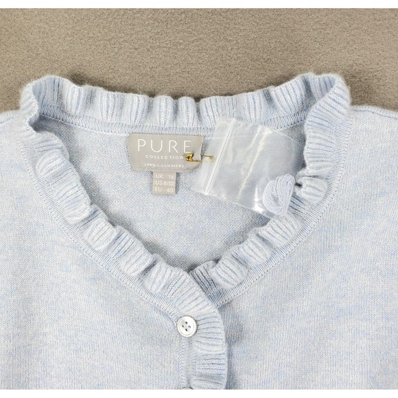 Pure Collection Sweater Womens 8/10 Light Blue Cashmere Cardigan Ruffle Trim - Picture 2 of 7